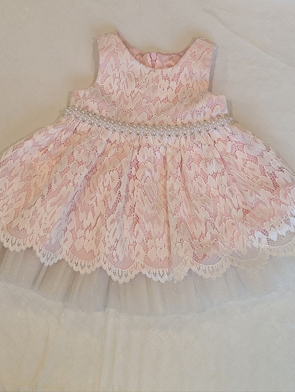 American Princess Baby Pink Lace Tulle Dress Pearl Waist Easter Flower Girl